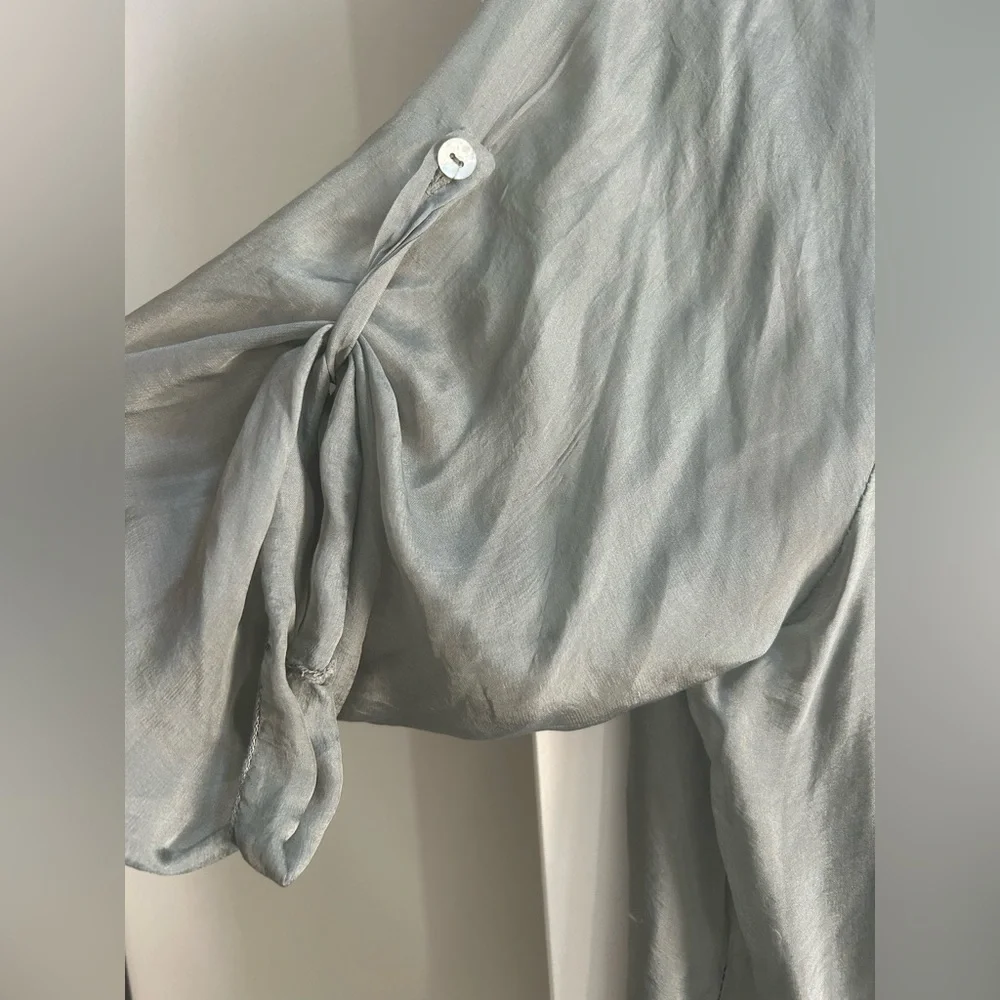 Nina Kendosa Silk Green Gray Blouse with Jersey ruffled Liner in size large NWT - Picture 4 of 16
